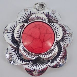 Southwest Red Coral & Silver Blossom Vintage Pendant Original RARE Piece 2" Mint